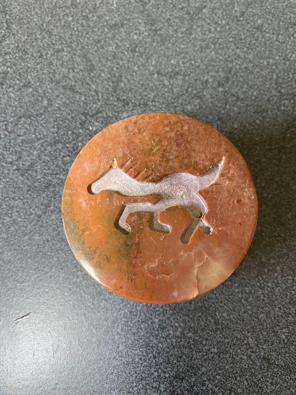 Marble Ring Trinket Box with Horse Carved in Lid 1.25" x 2.5"